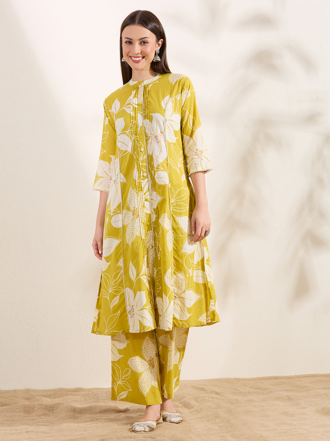 Abstract Floral Printed A-Line Paneled Kurta with Palazzo - Mustard