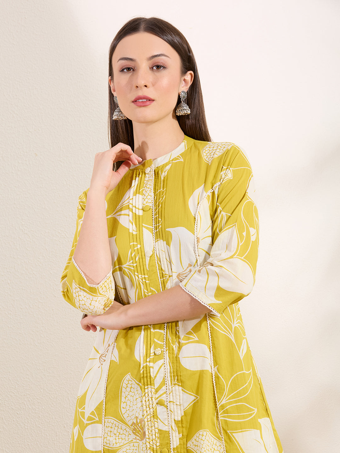 Abstract Floral Printed A-Line Paneled Kurta with Palazzo - Mustard