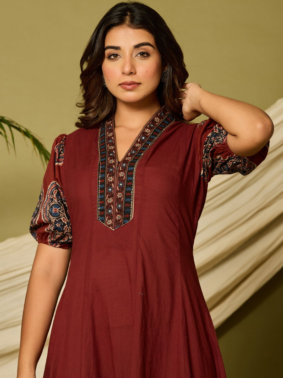 Ethnic Printed A-Line Paneled Flared Midi Dress - Maroon