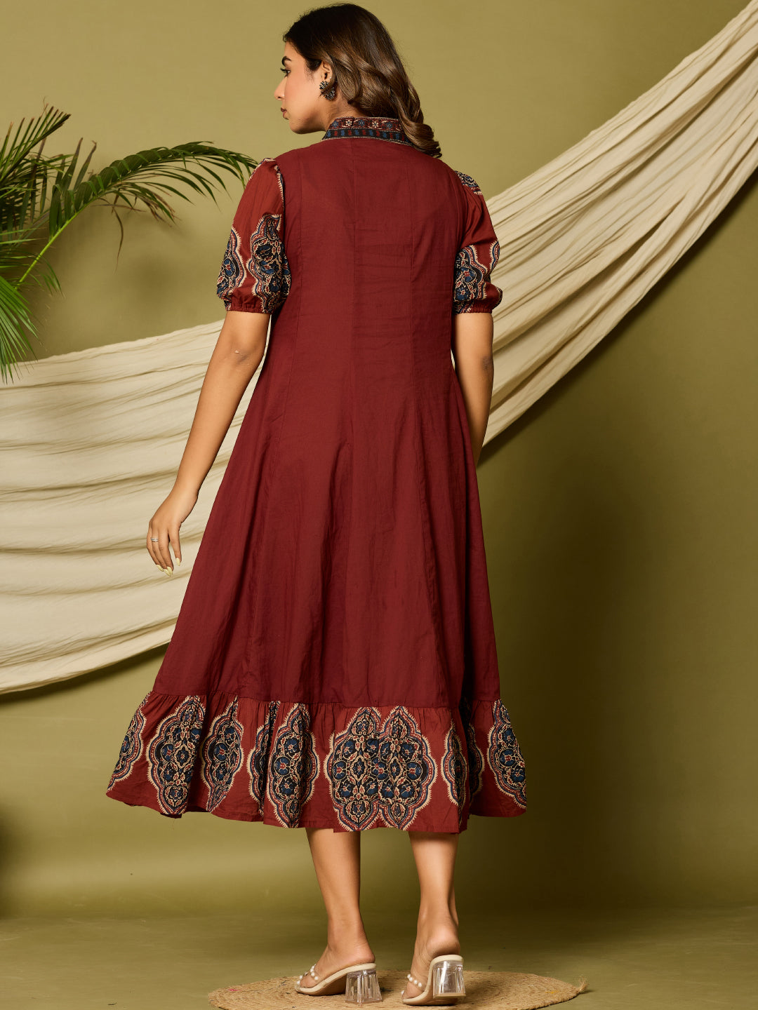 Ethnic Printed A-Line Paneled Flared Midi Dress - Maroon