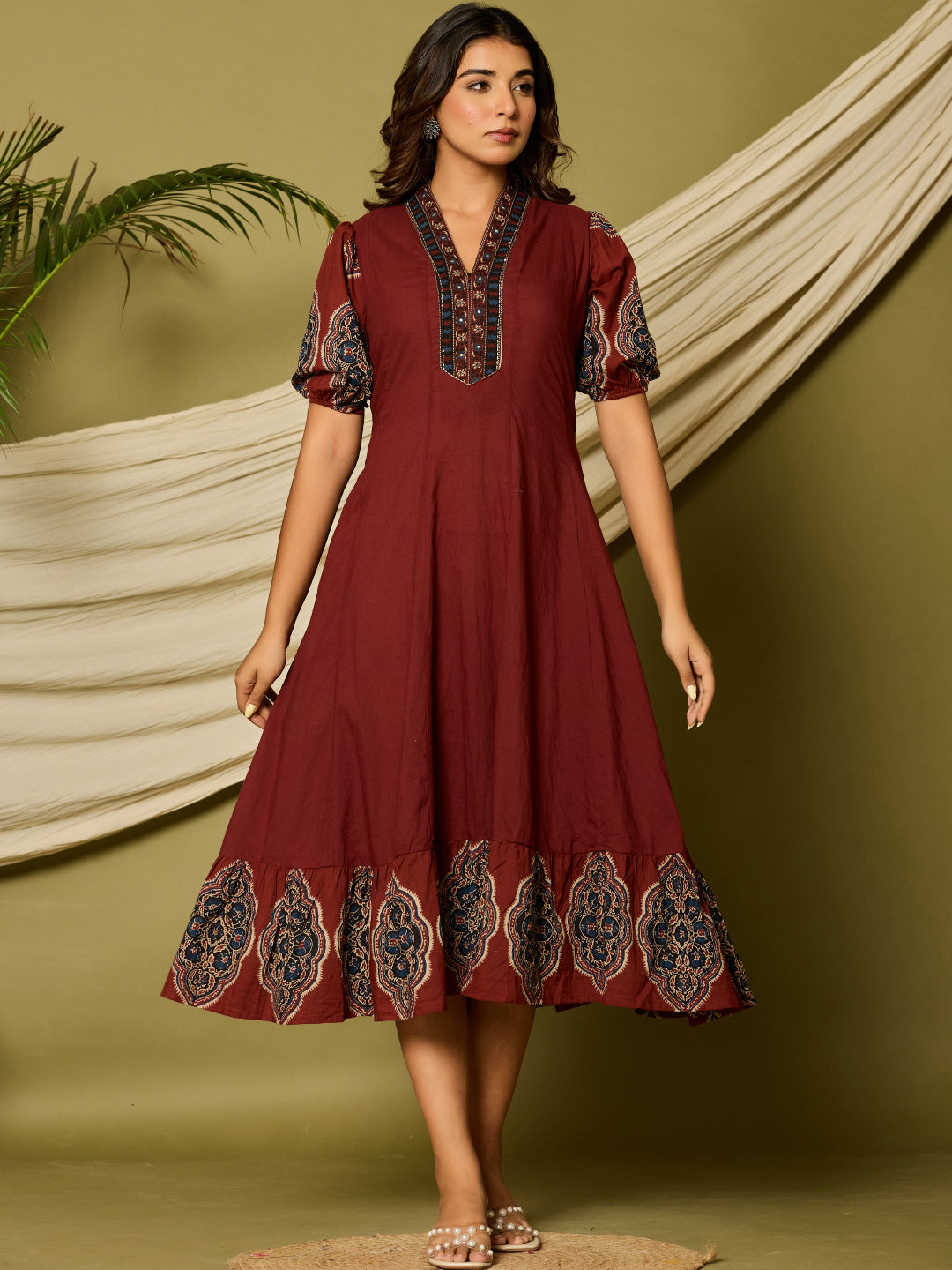 Ethnic Printed A-Line Paneled Flared Midi Dress - Maroon