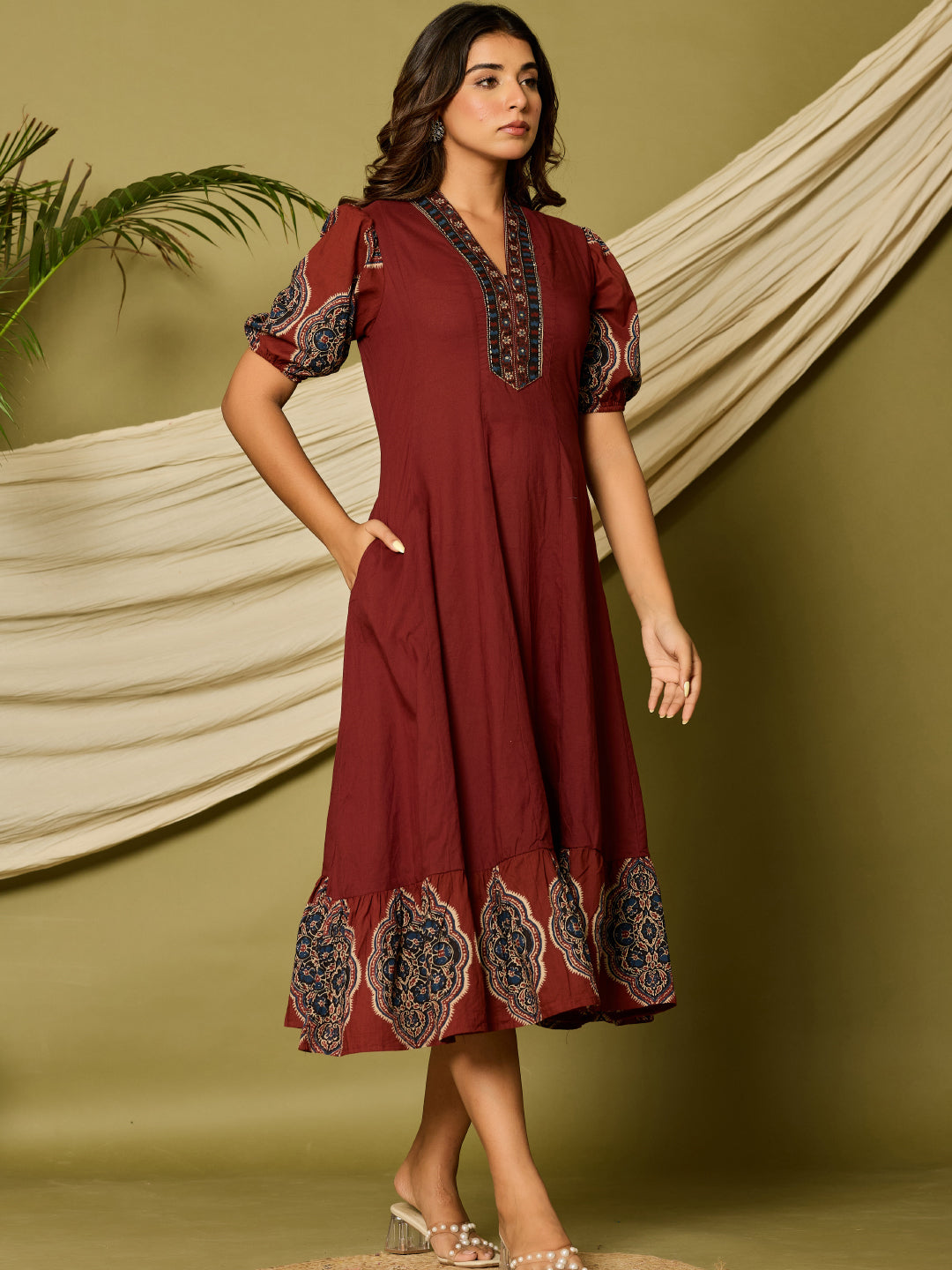 Ethnic Printed A-Line Paneled Flared Midi Dress - Maroon