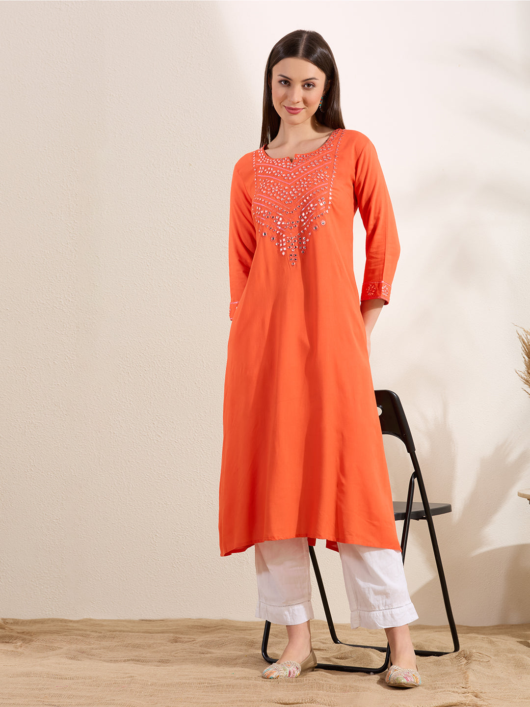 Solid Mirror Embroidered A-Line Flared Kurta - Orange