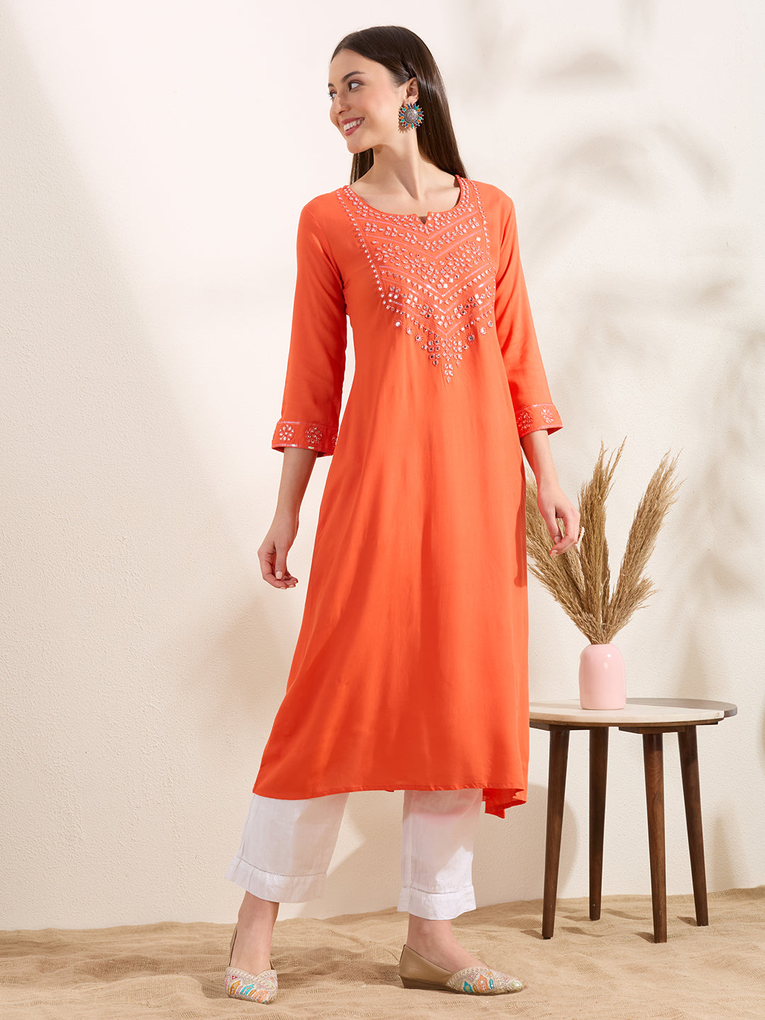 Solid Mirror Embroidered A-Line Flared Kurta - Orange