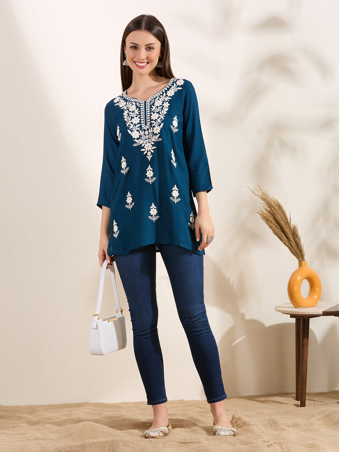 Solid Floral Chikankari Embroidered Straight Fit Kurti - Navy Blue