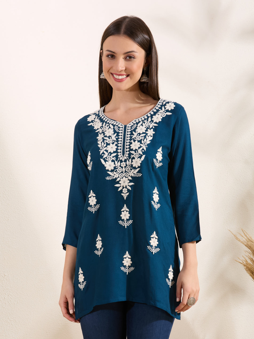 Solid Floral Chikankari Embroidered Straight Fit Kurti - Navy Blue