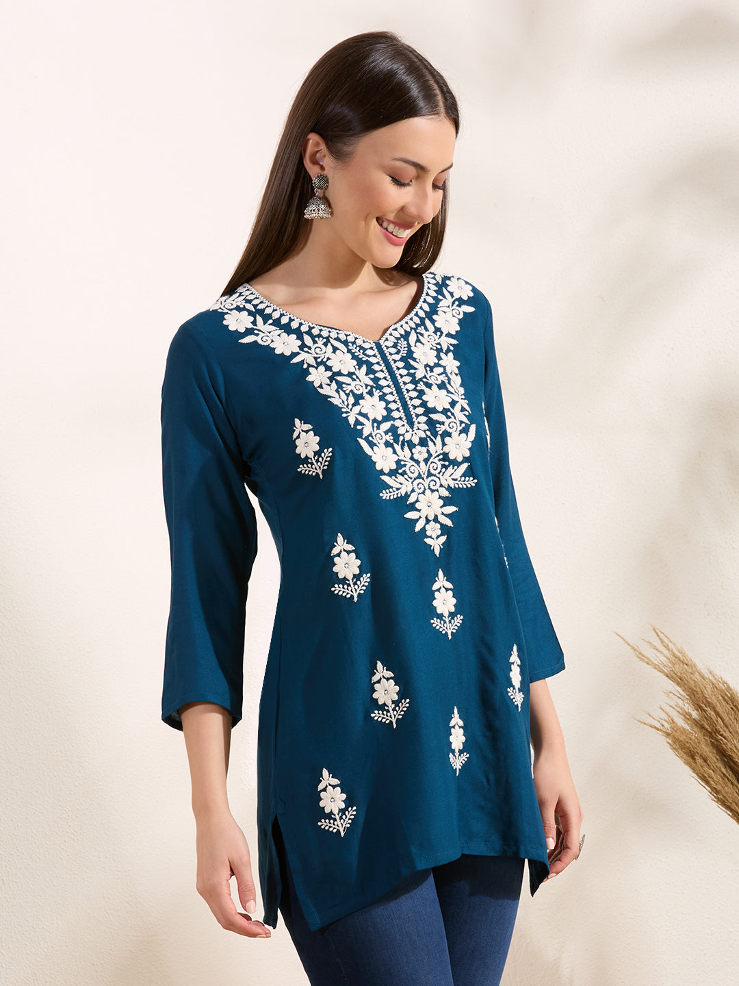 Solid Floral Chikankari Embroidered Straight Fit Kurti - Navy Blue