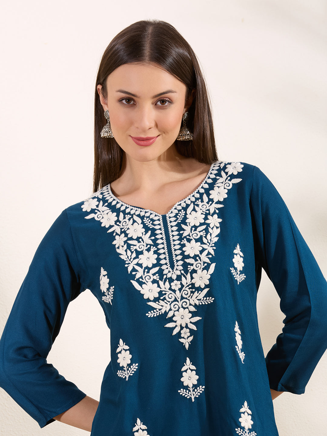 Solid Floral Chikankari Embroidered Straight Fit Kurti - Navy Blue
