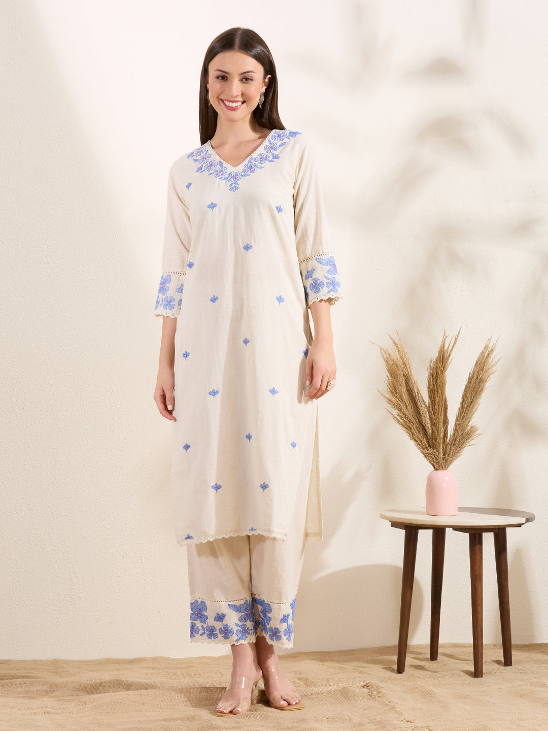 Solid Floral Embroidered Straight Fit Co-ord Set - Off White