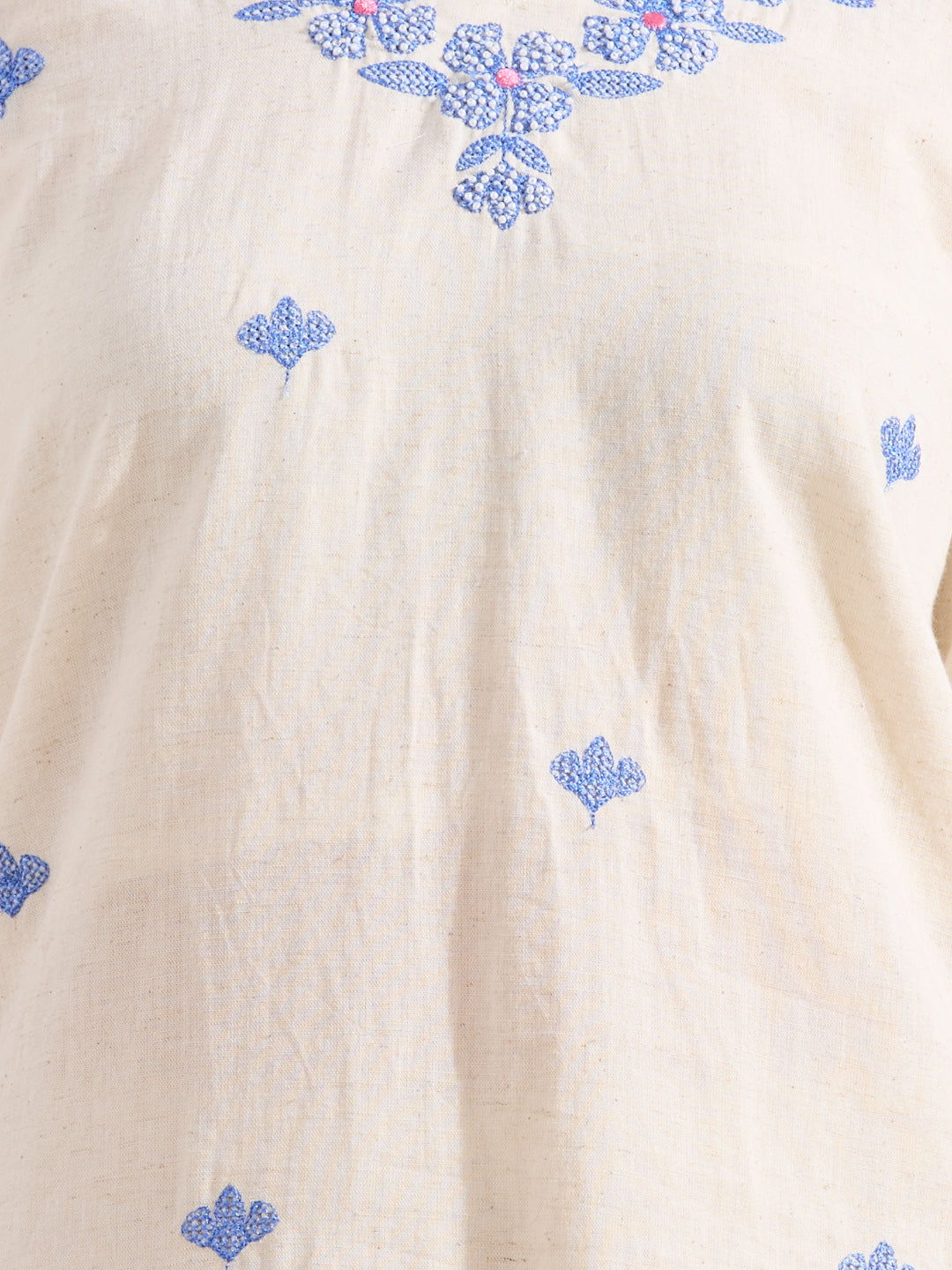 Solid Floral Embroidered Straight Fit Co-ord Set - Off White