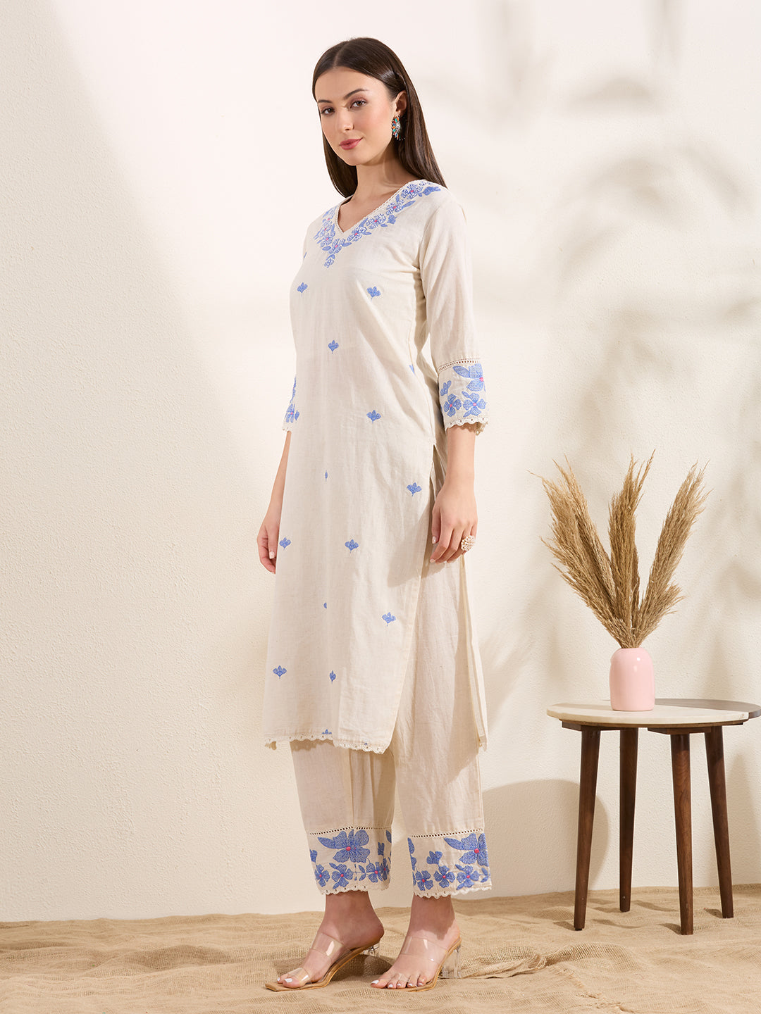 Solid Floral Embroidered Straight Fit Co-ord Set - Off White