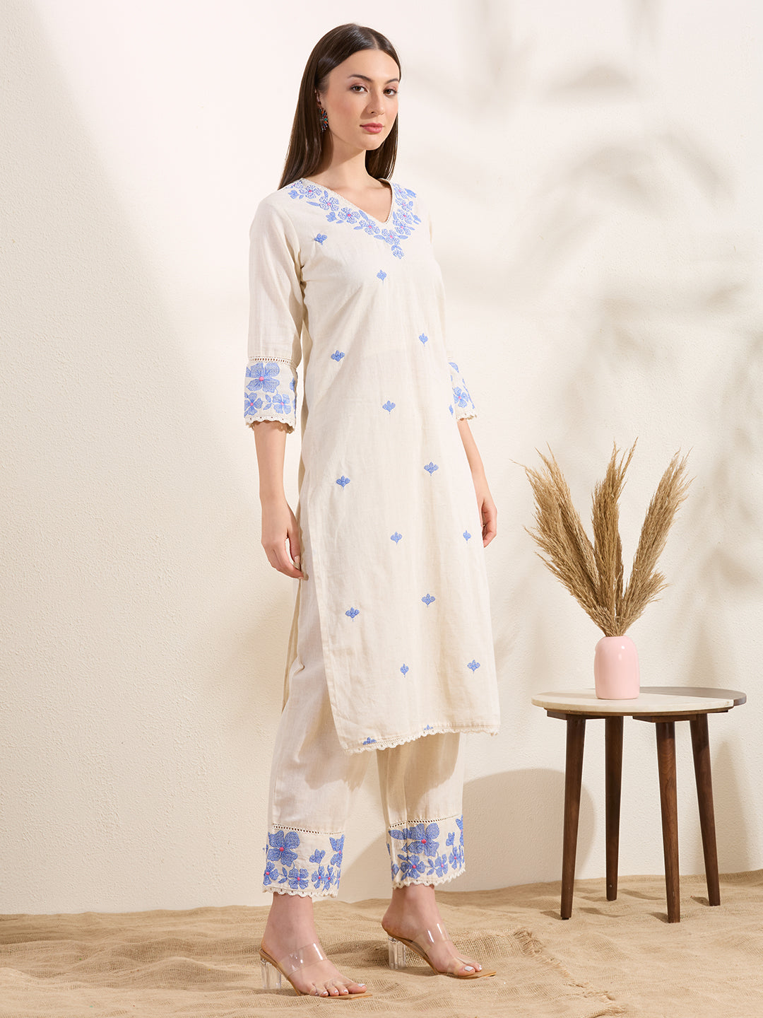 Solid Floral Embroidered Straight Fit Co-ord Set - Off White