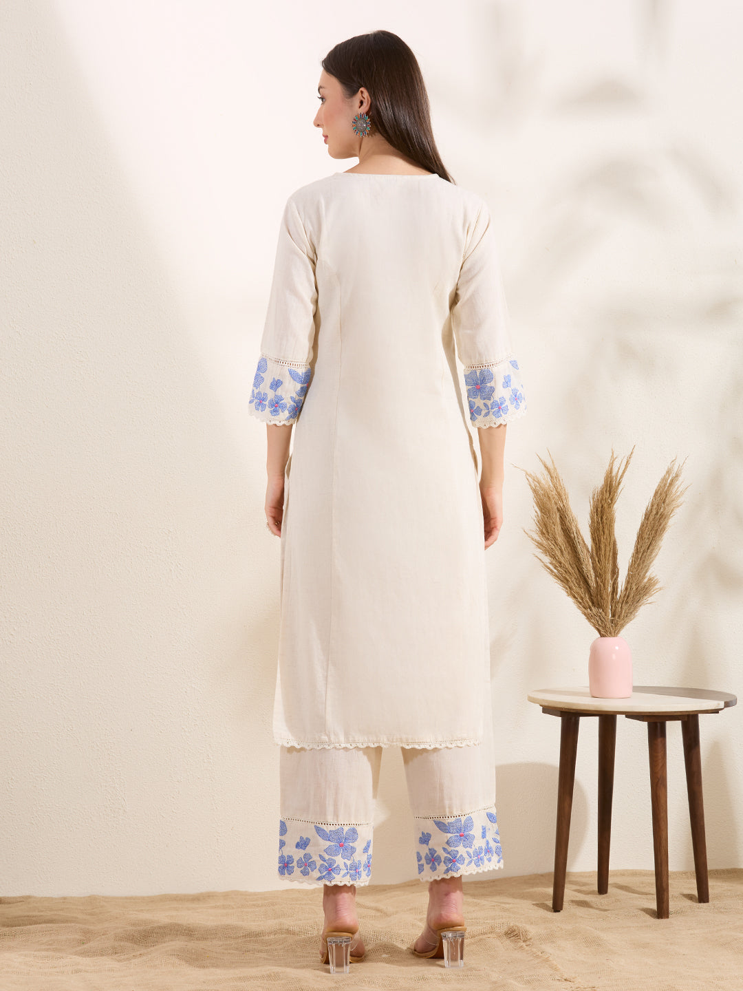 Solid Floral Embroidered Straight Fit Co-ord Set - Off White