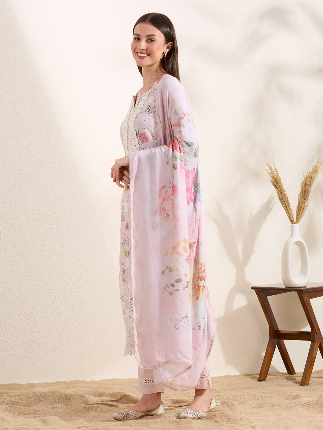 Floral Printed Embroidered Straight Fit Kurta with Pant and Dupatta - Powder Pink