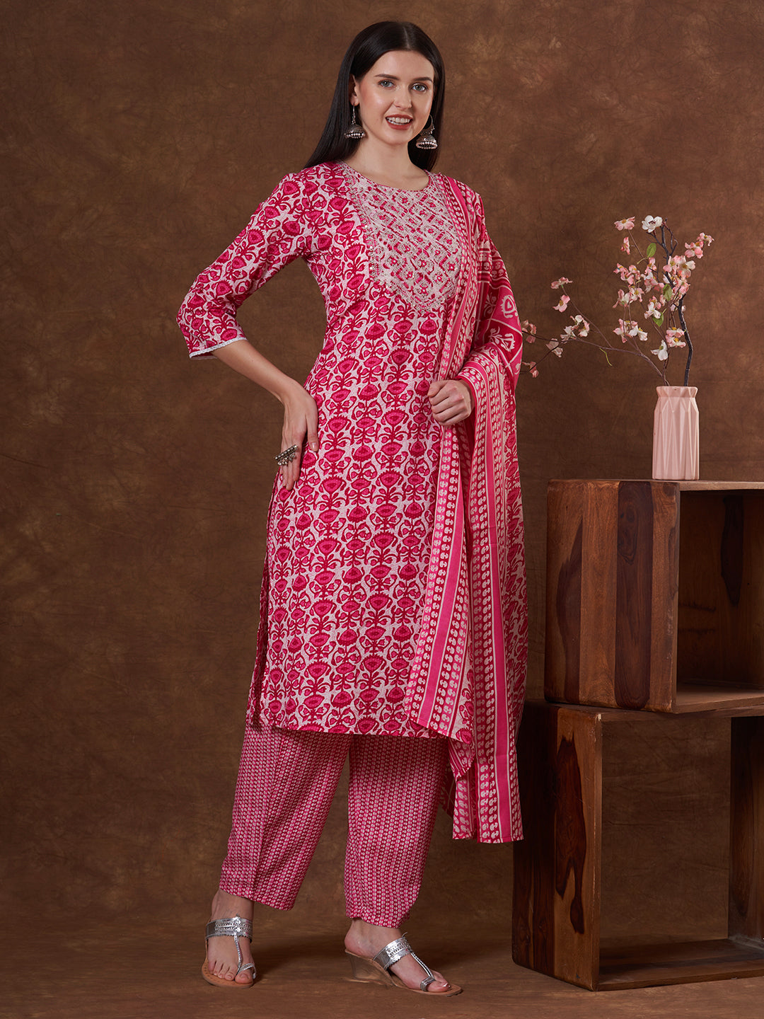 Floral Printed & Embroidered Straight Fit Kurta with Pant and Dupatta - Pink