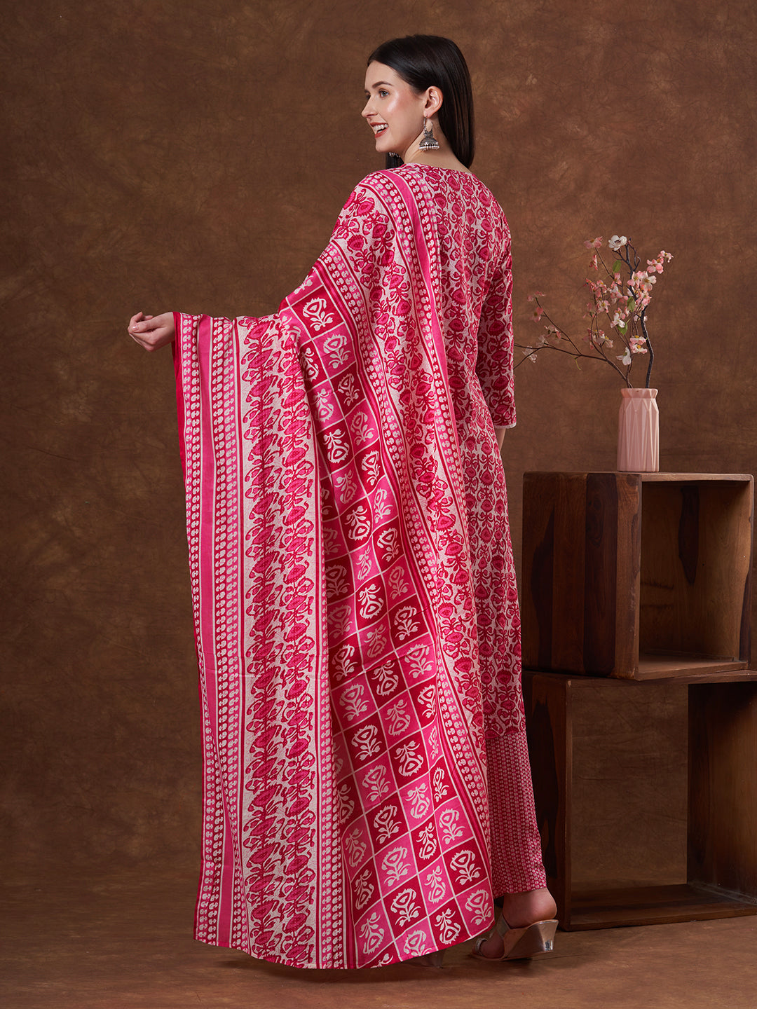 Floral Printed & Embroidered Straight Fit Kurta with Pant and Dupatta - Pink