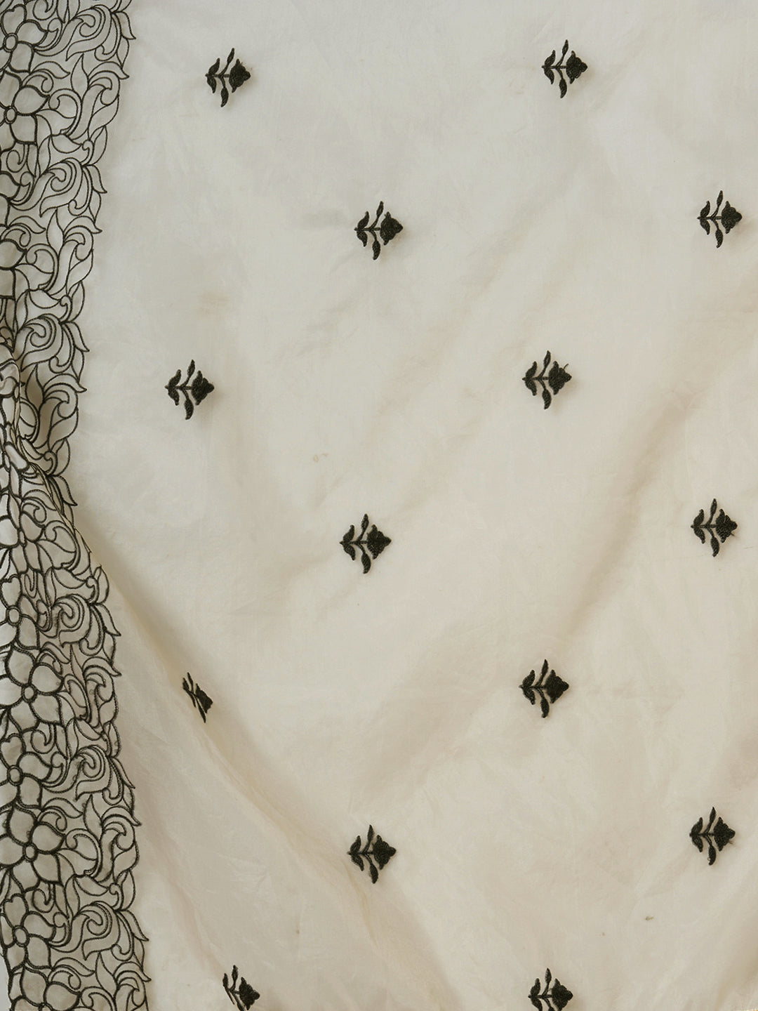 Solid Threadwork A-Line Pleated Kurta with Pant and Organza Dupatta - Cream