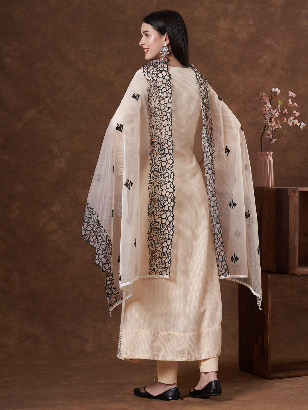 Solid Threadwork A-Line Pleated Kurta with Pant and Organza Dupatta - Cream