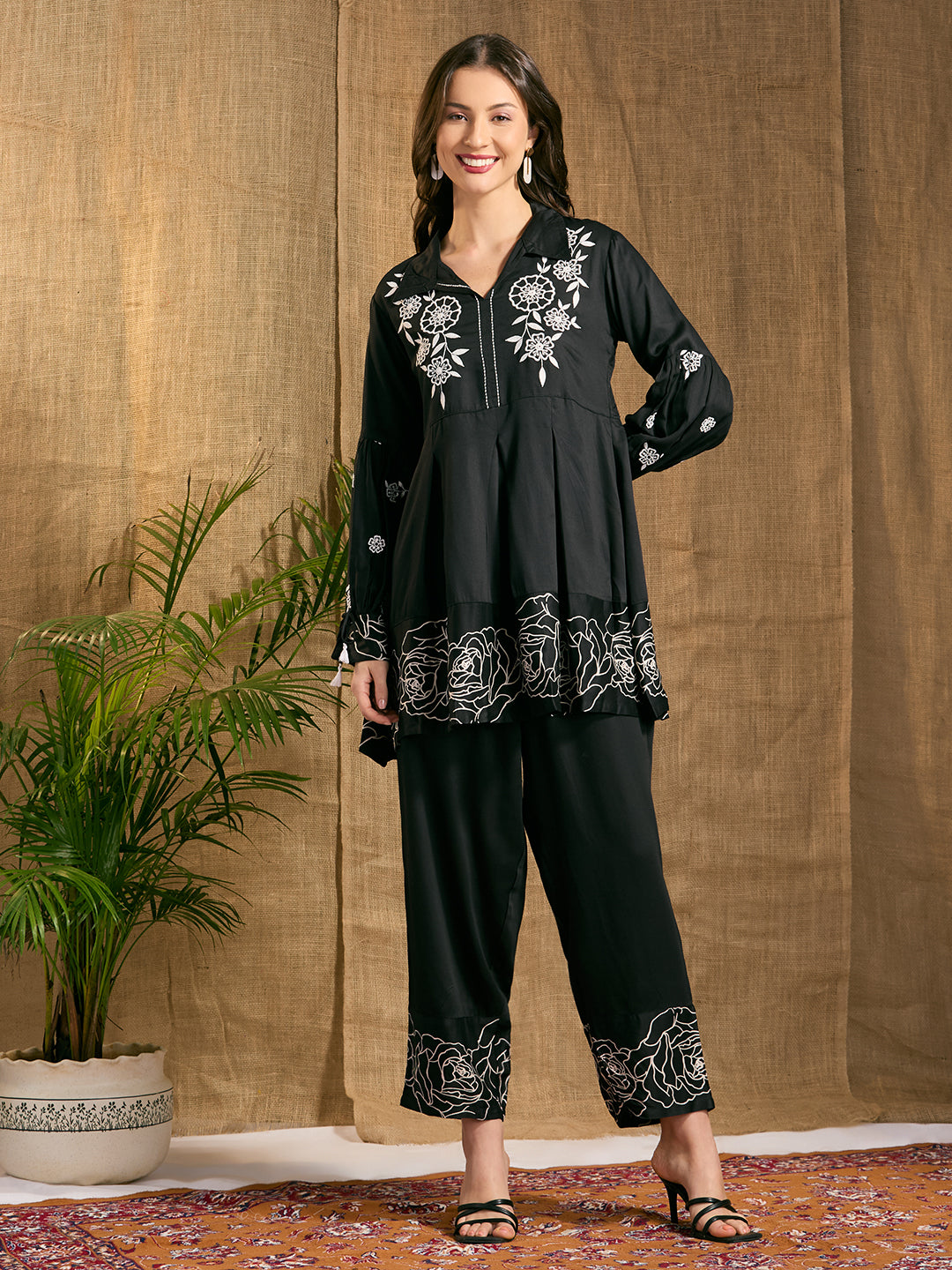 Abstract Floral Threadwork Embroidered A-Line Top with Salwar - Black