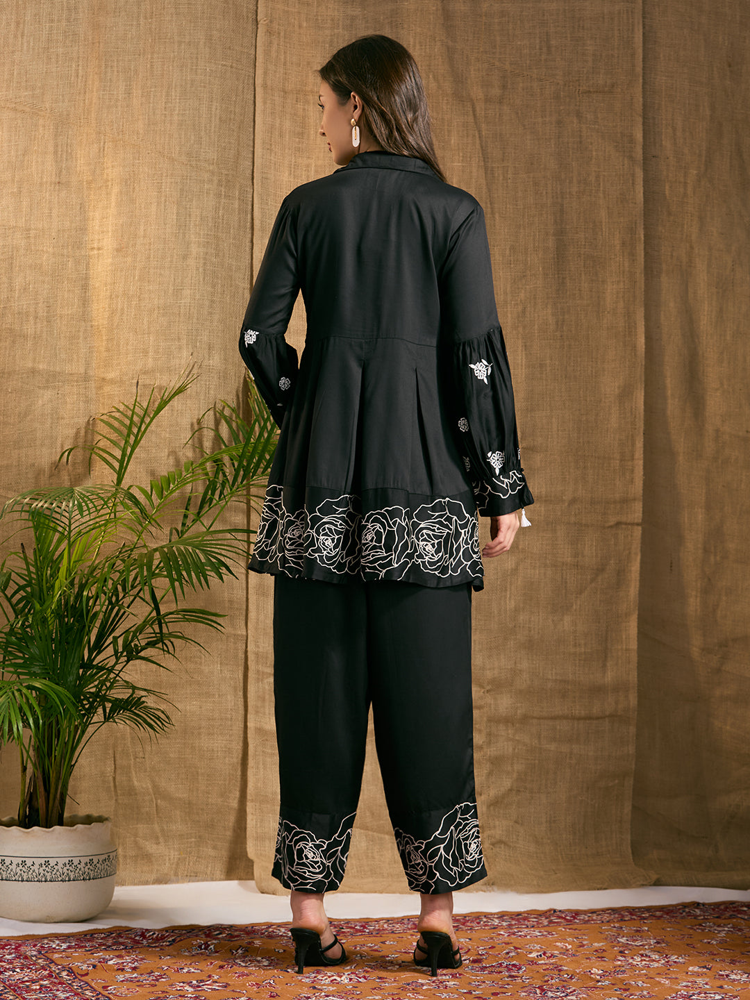 Abstract Floral Threadwork Embroidered A-Line Top with Salwar - Black