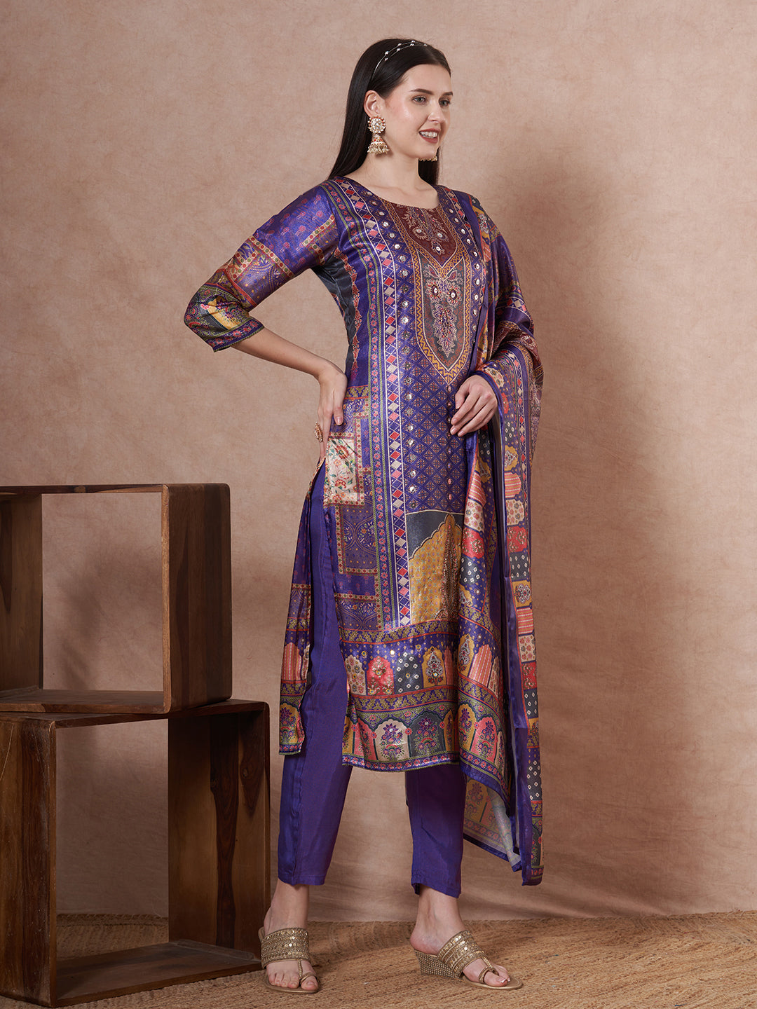 Ethnic Printed & Hand Embroidered Straight Kurta with Pant & Dupatta - Purple