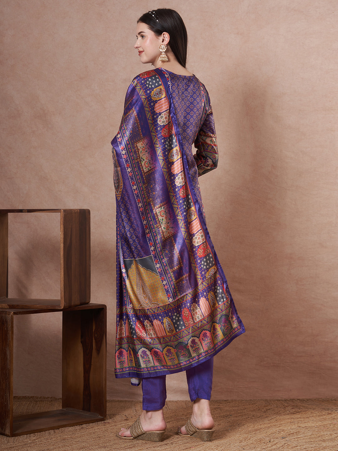 Ethnic Printed & Hand Embroidered Straight Kurta with Pant & Dupatta - Purple