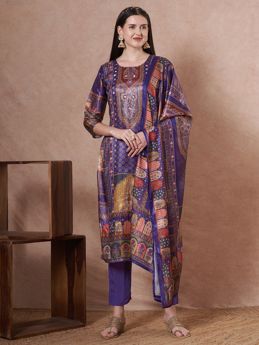 Ethnic Printed & Hand Embroidered Straight Kurta with Pant & Dupatta - Purple