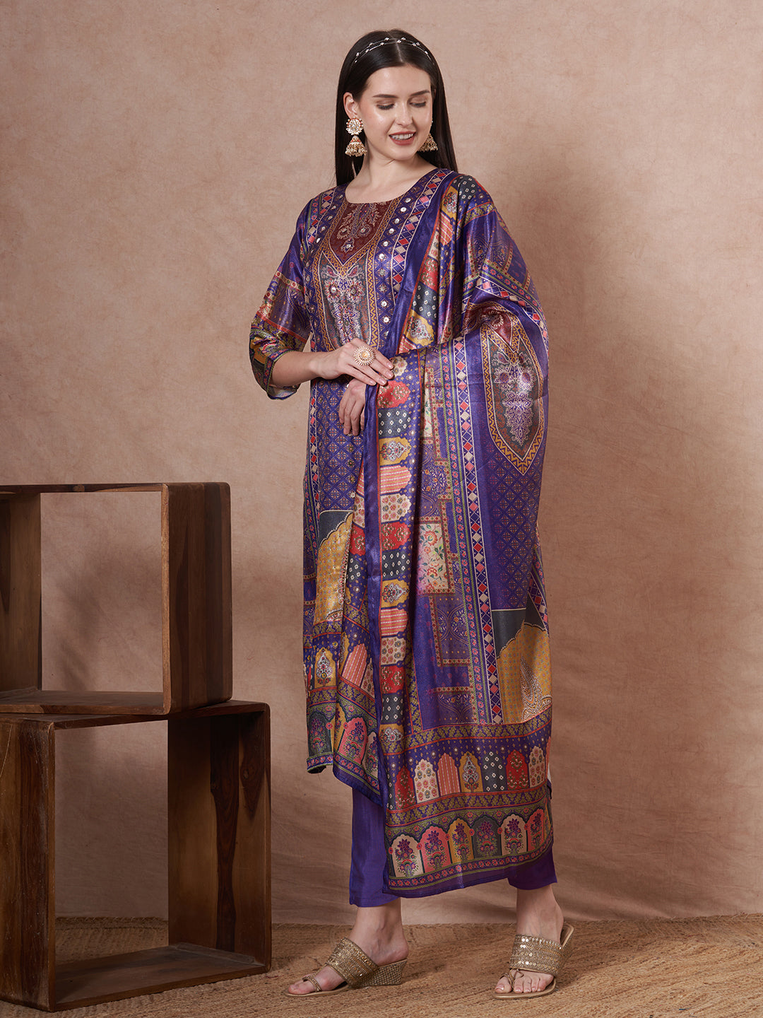 Ethnic Printed & Hand Embroidered Straight Kurta with Pant & Dupatta - Purple