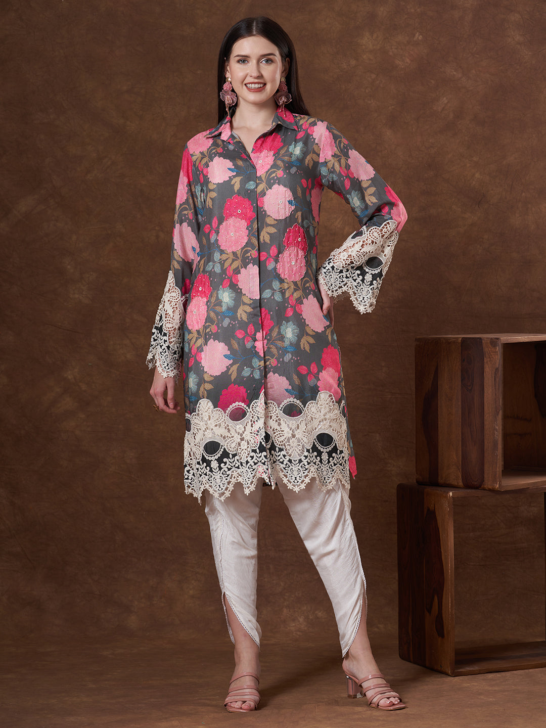 Abstract Floral Printed Embroidered Straight Fit Kurta with Dhoti Pant - Multi