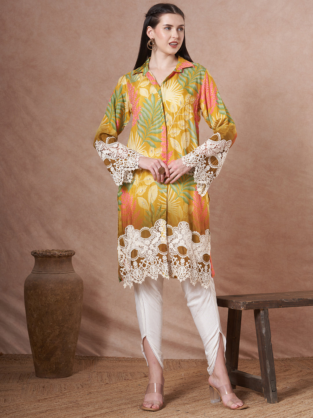 Abstract Floral Printed Embroidered Straight Fit Kurta with Dhoti Pant - Lime Green