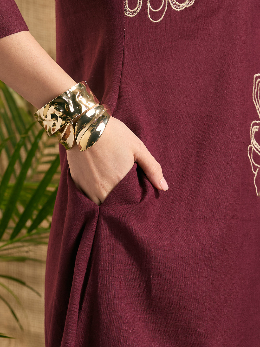 Solid Abstract Floral Embroidered A-Line Co-ord Set - Burgundy