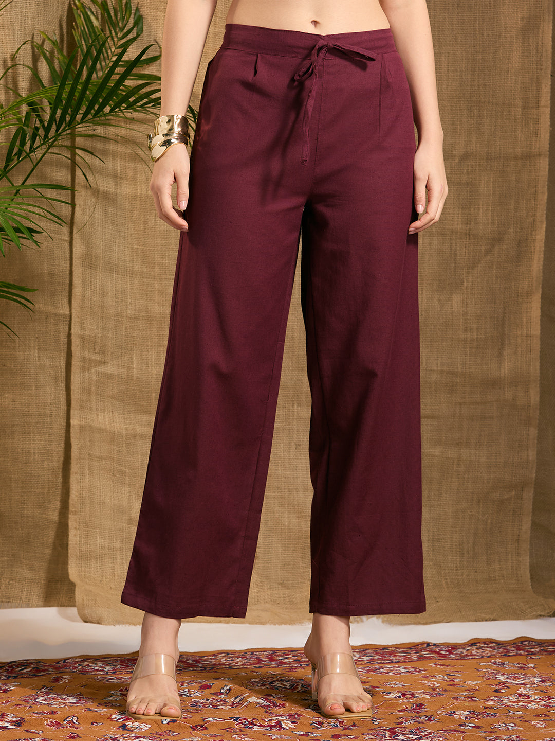 Solid Abstract Floral Embroidered A-Line Co-ord Set - Burgundy