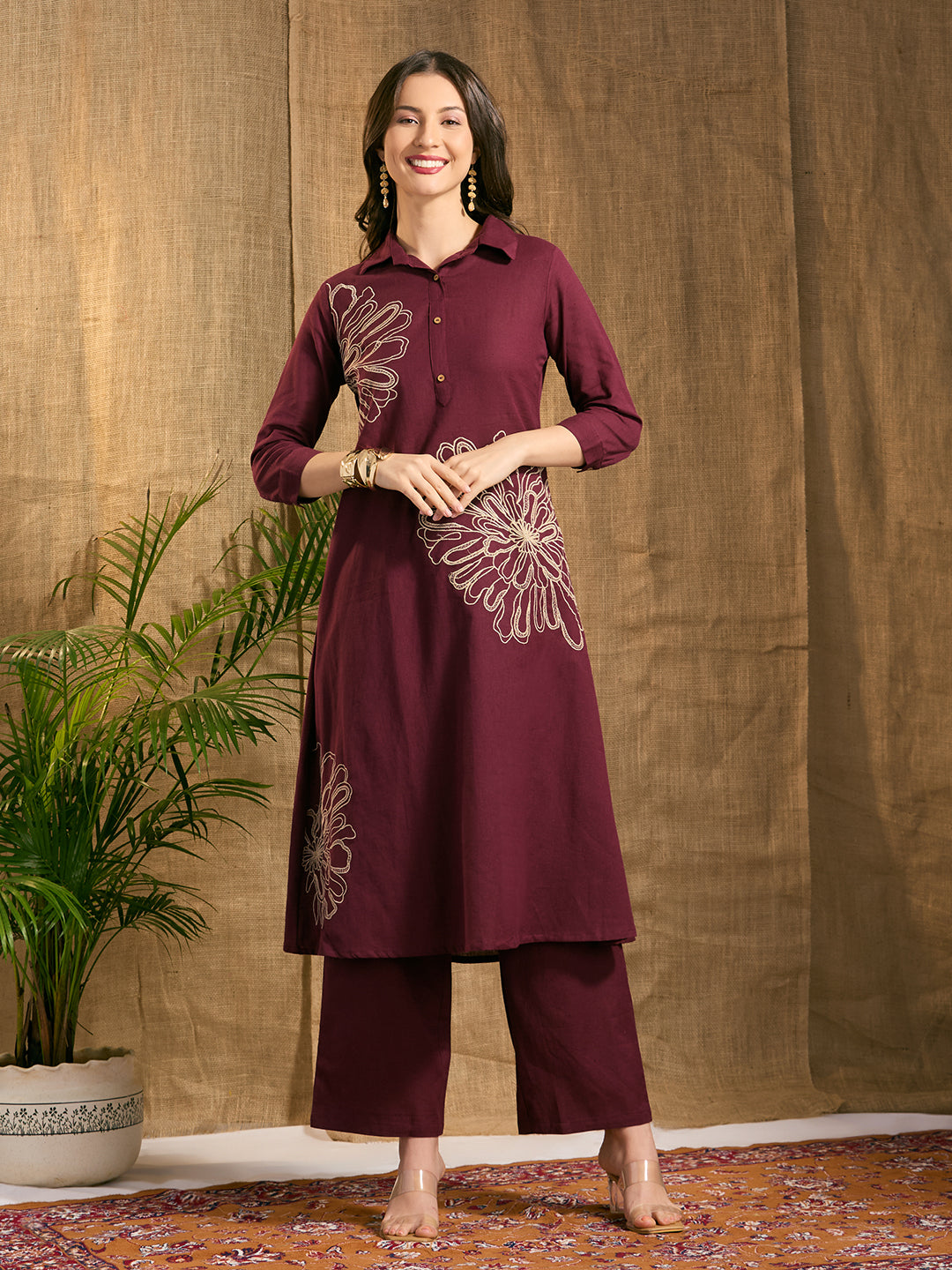 Solid Abstract Floral Embroidered A-Line Co-ord Set - Burgundy