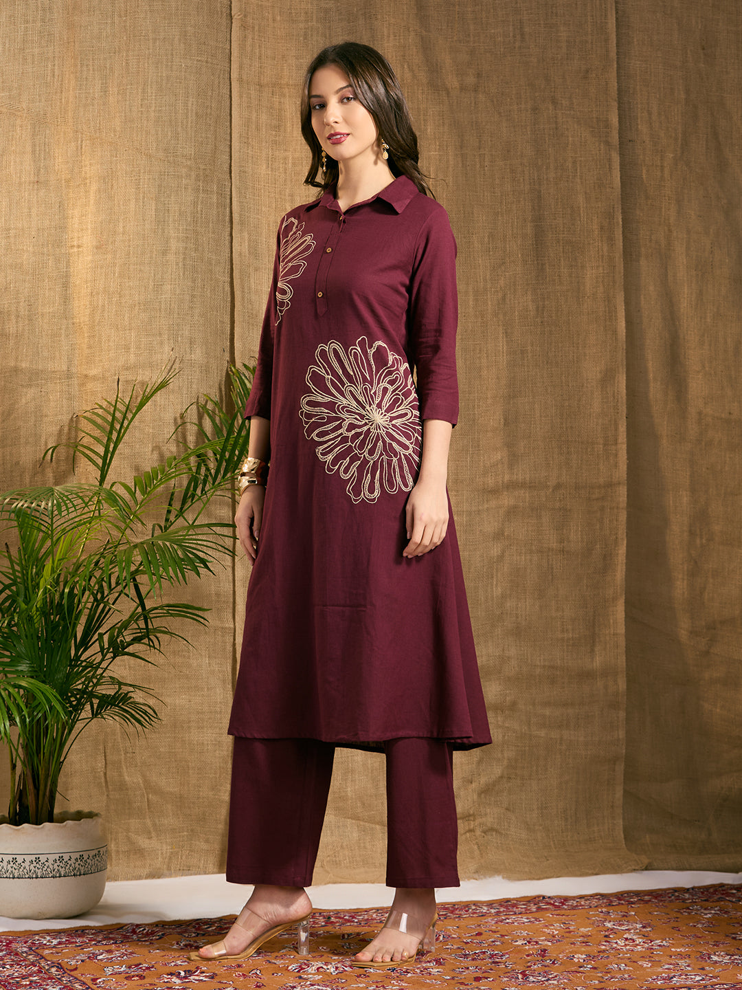Solid Abstract Floral Embroidered A-Line Co-ord Set - Burgundy