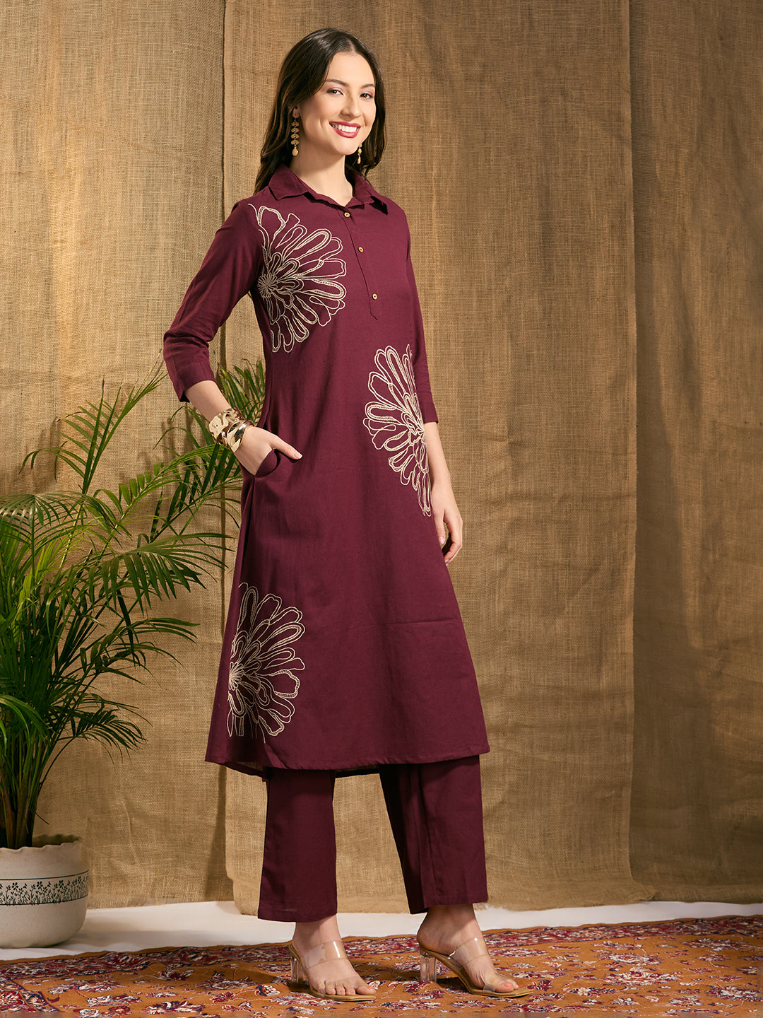 Solid Abstract Floral Embroidered A-Line Co-ord Set - Burgundy