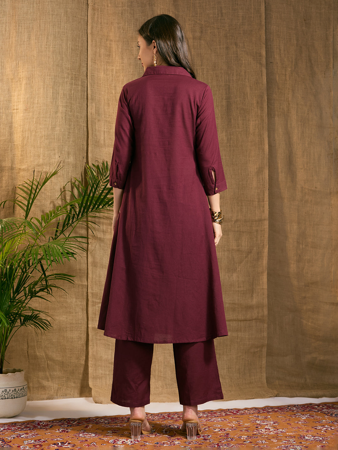 Solid Abstract Floral Embroidered A-Line Co-ord Set - Burgundy