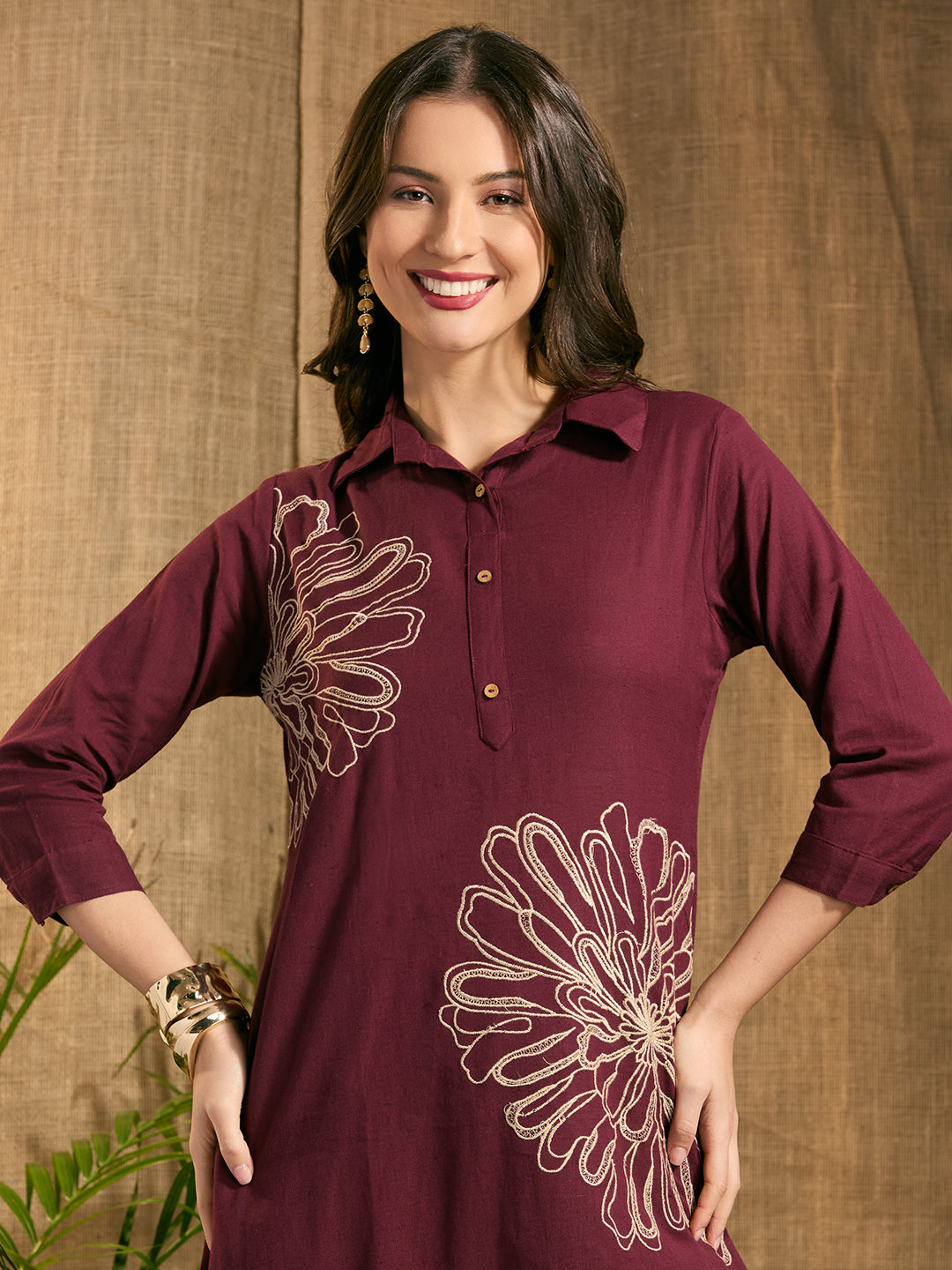 Solid Abstract Floral Embroidered A-Line Co-ord Set - Burgundy