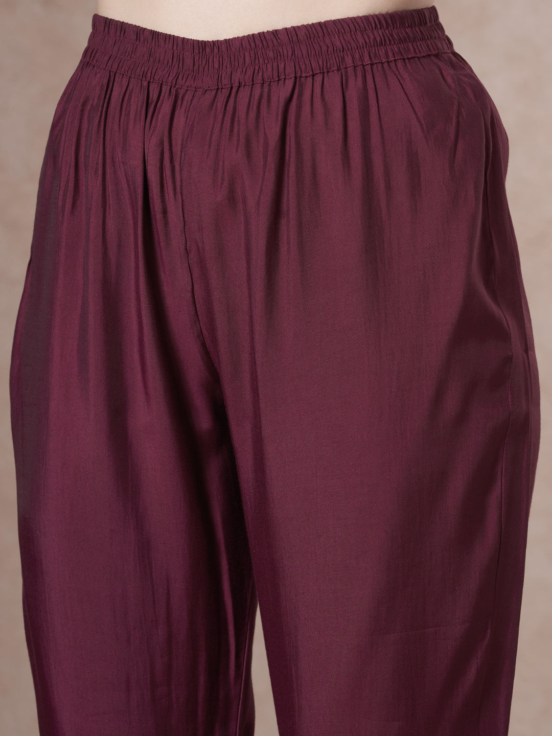 Solid Floral Embroidered Straight Fit Kurta with Pant and Dupatta - Burgundy