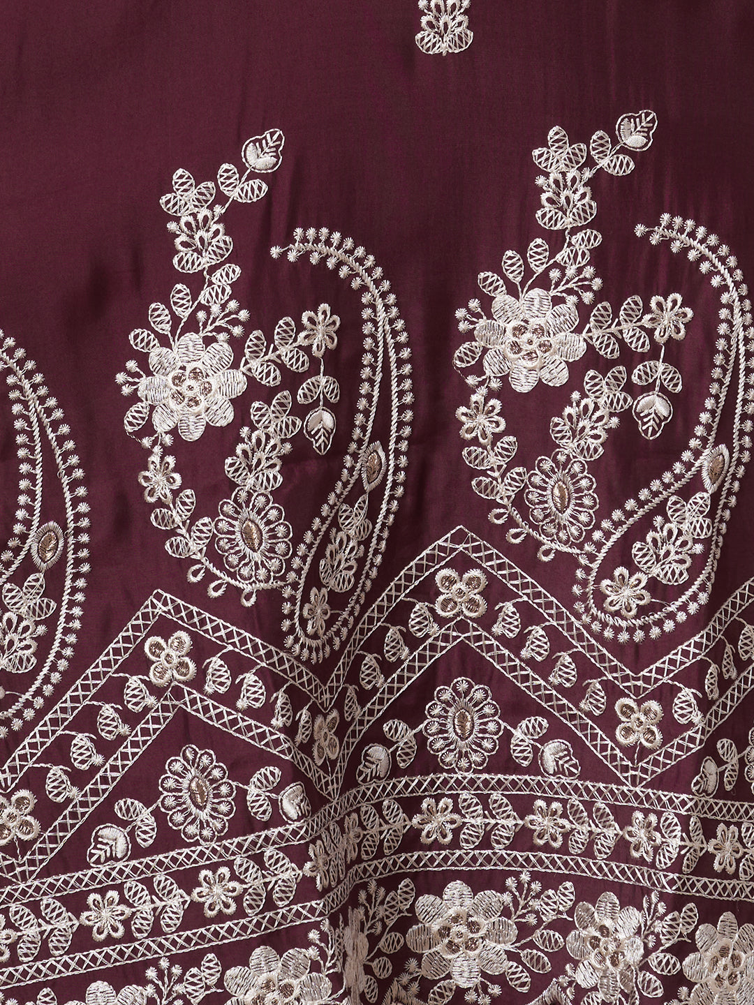 Solid Floral Embroidered Straight Fit Kurta with Pant and Dupatta - Burgundy