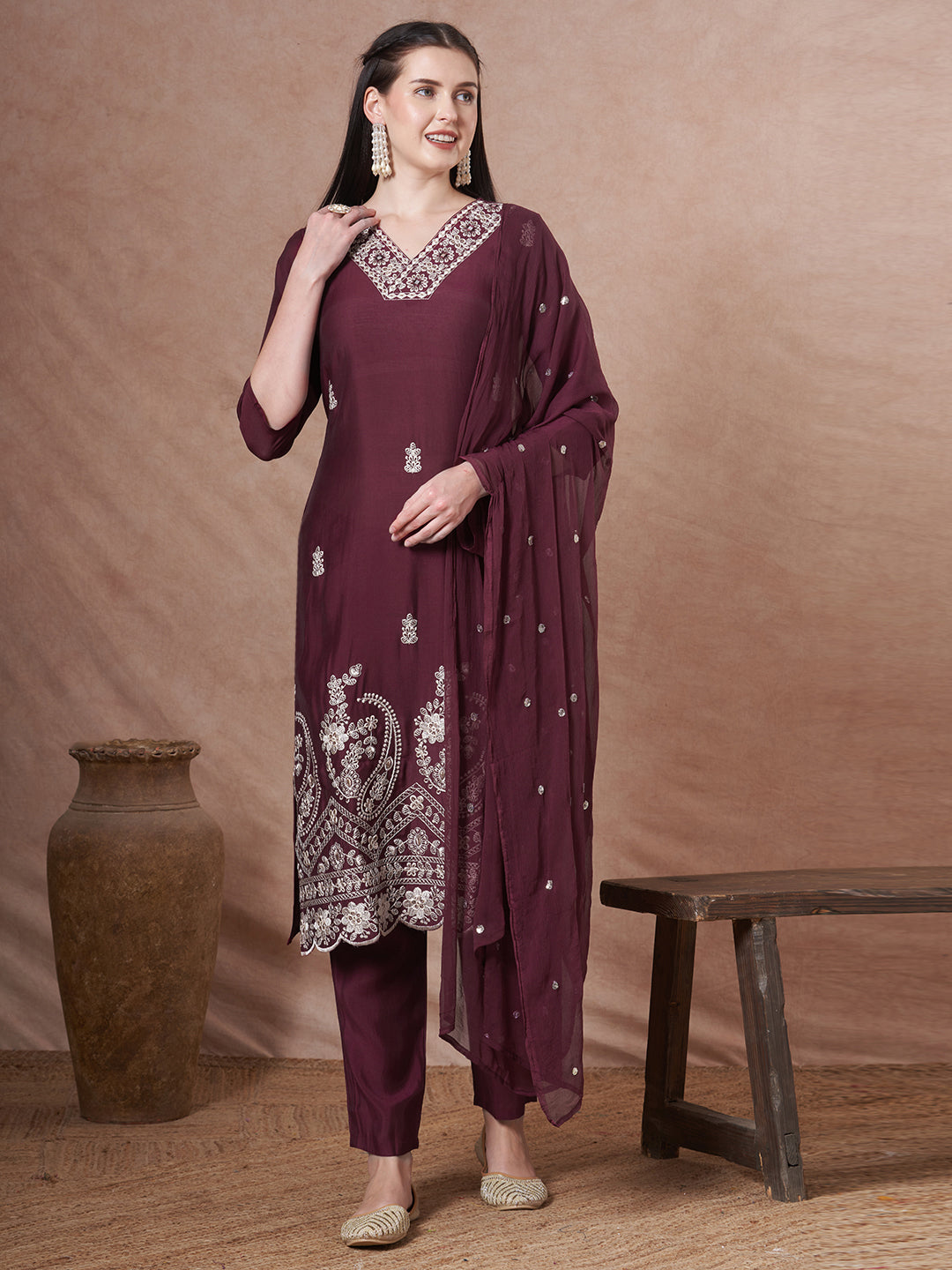 Solid Floral Embroidered Straight Fit Kurta with Pant and Dupatta - Burgundy