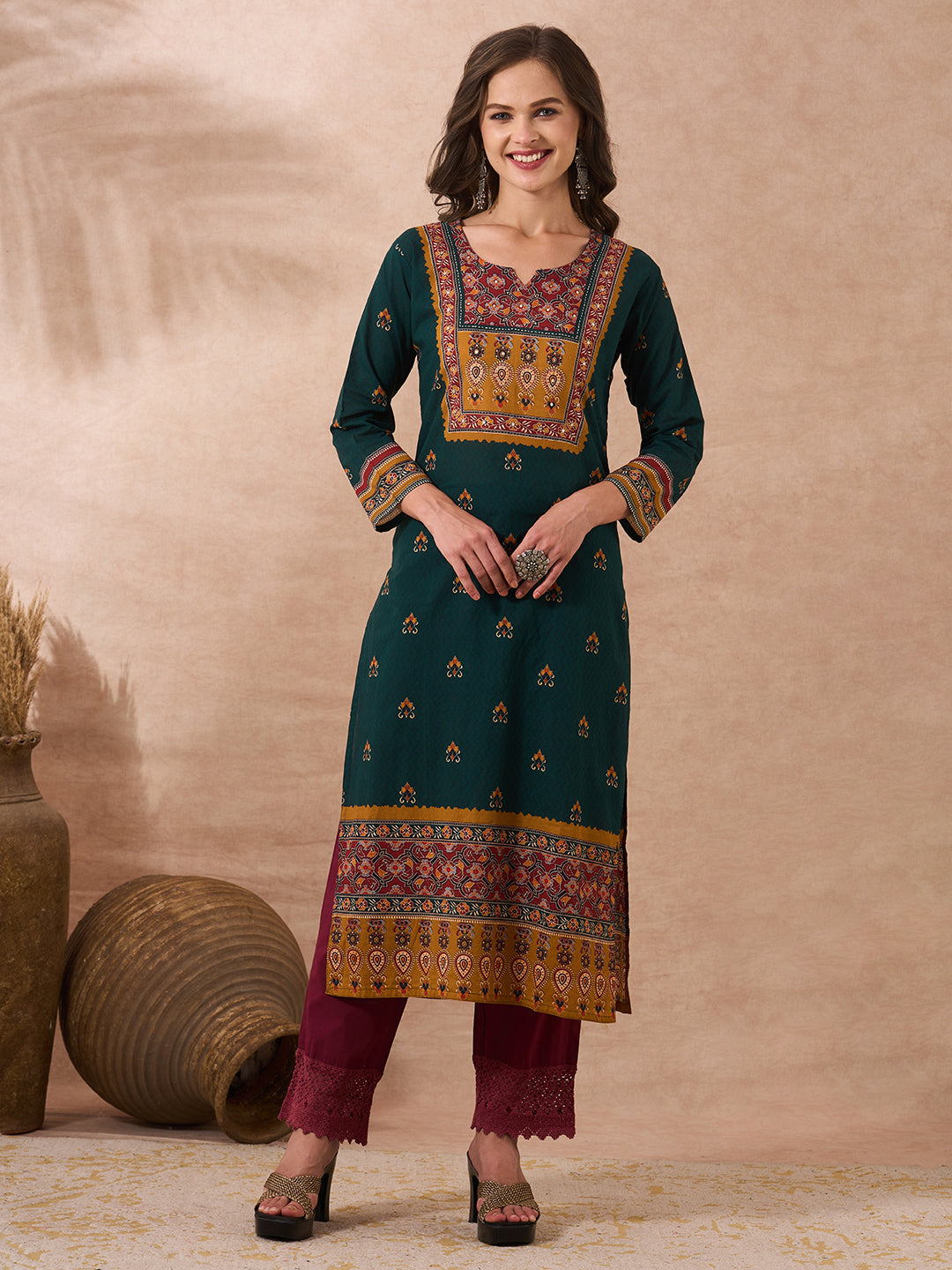 Ethnic Floral Printed Straight Fit Kurta - Green