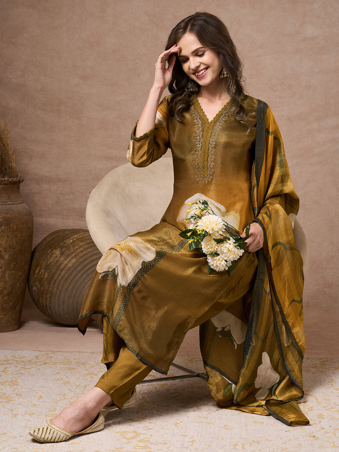 Abstract Floral Printed Embroidered Straight Fit Tissue Kurta with Pant and Dupatta - Mehendi Green