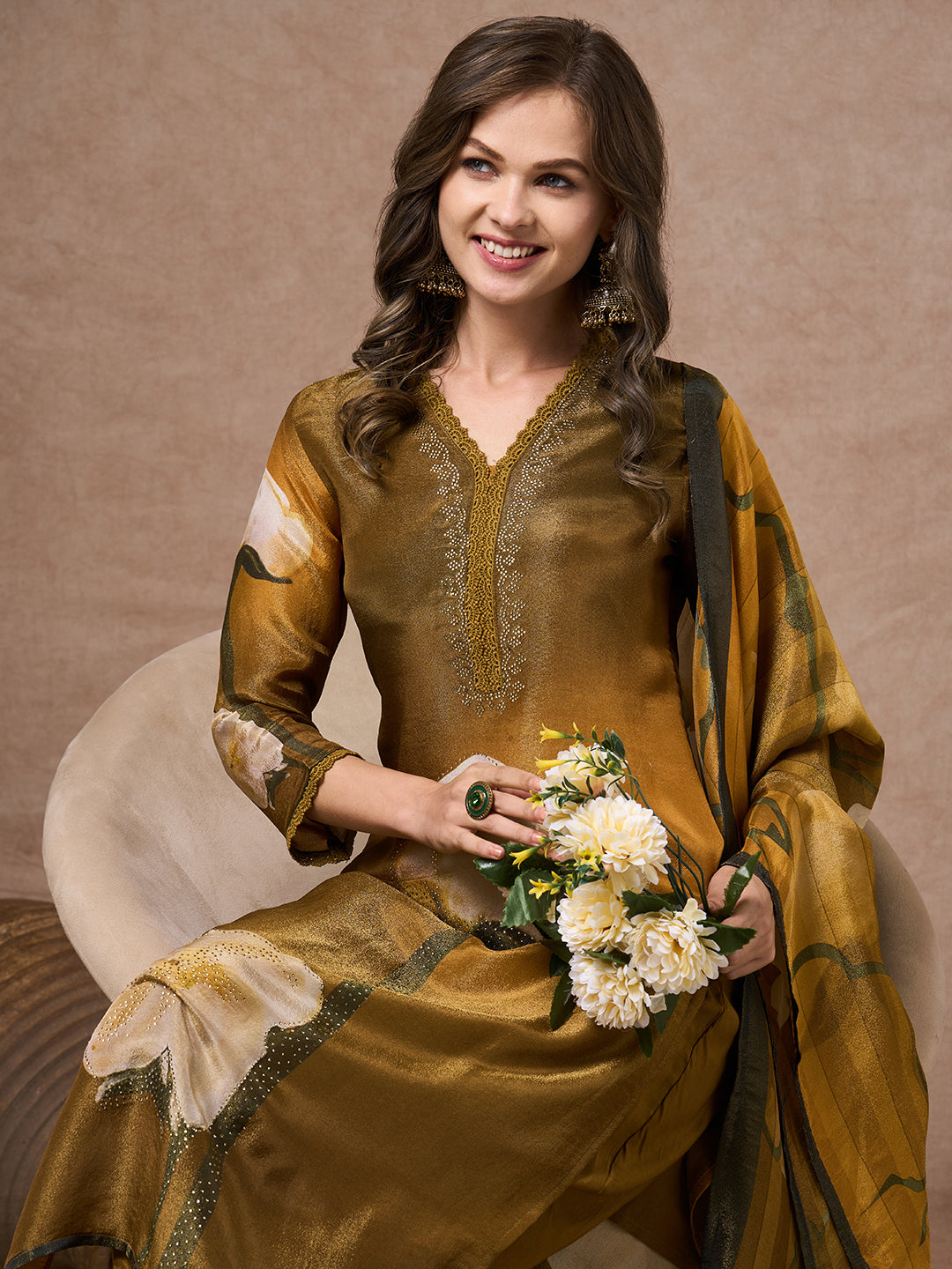 Abstract Floral Printed Embroidered Straight Fit Tissue Kurta with Pant and Dupatta - Mehendi Green