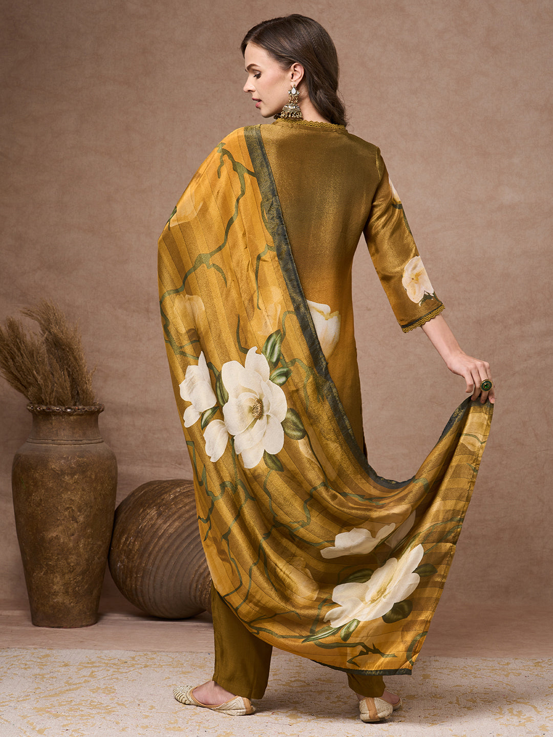 Abstract Floral Printed Embroidered Straight Fit Tissue Kurta with Pant and Dupatta - Mehendi Green