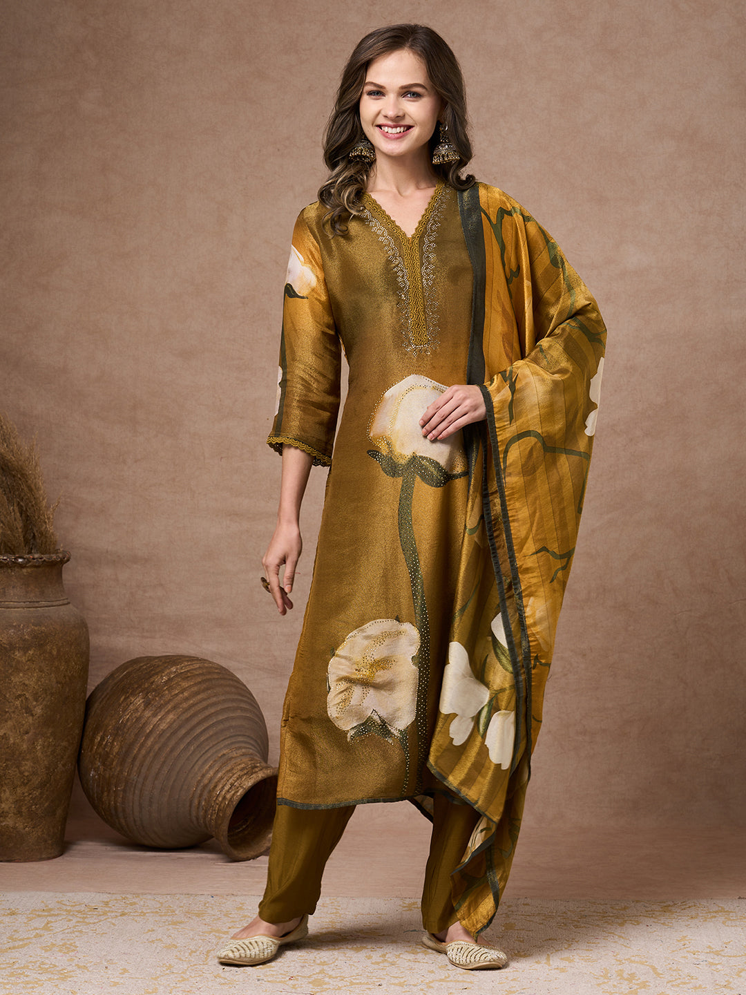 Abstract Floral Printed Embroidered Straight Fit Tissue Kurta with Pant and Dupatta - Mehendi Green