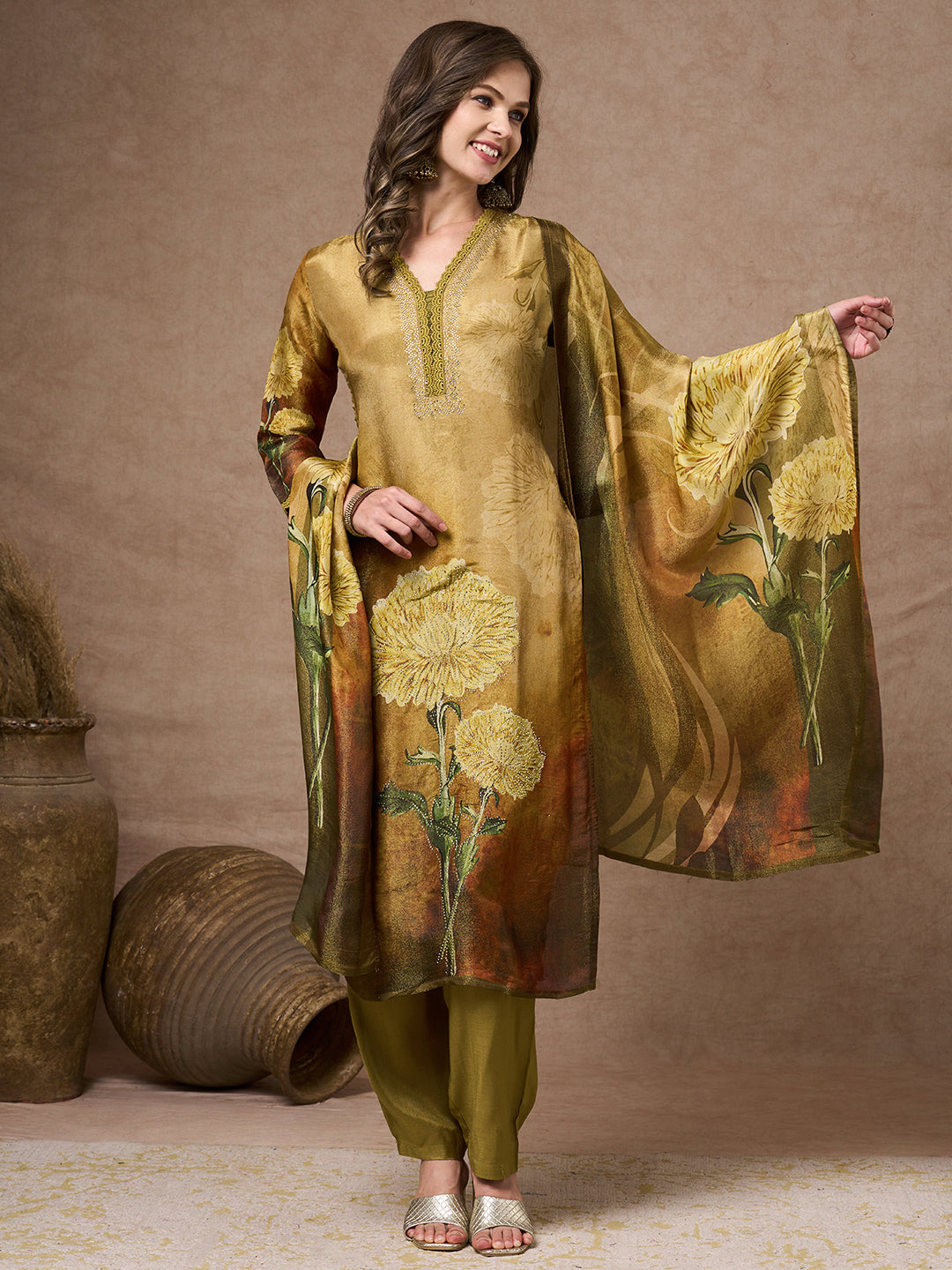 Abstract Floral Printed Embroidered Straight Fit Tissue Kurta with Pant and Dupatta - Gold