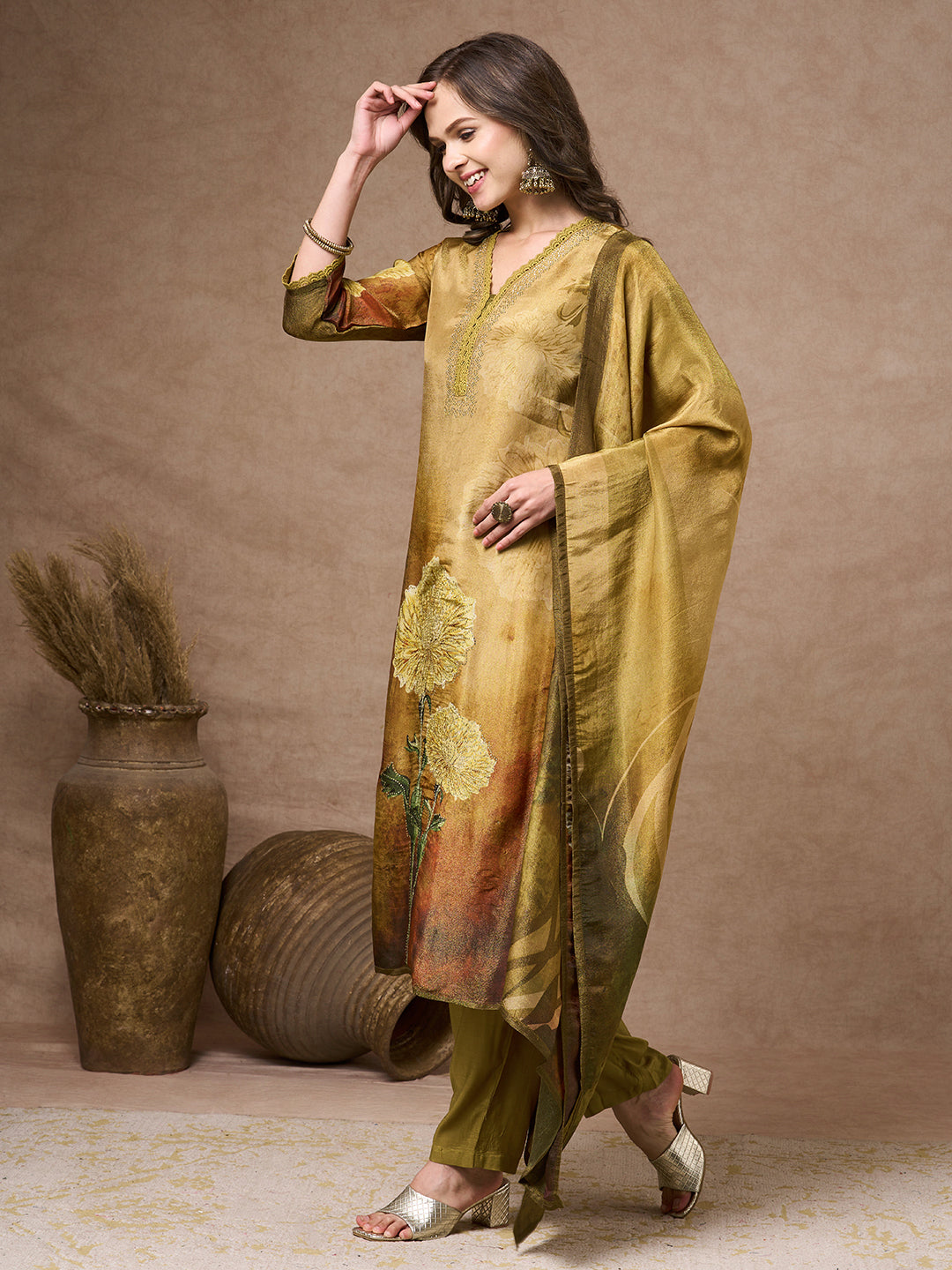 Abstract Floral Printed Embroidered Straight Fit Tissue Kurta with Pant and Dupatta - Gold