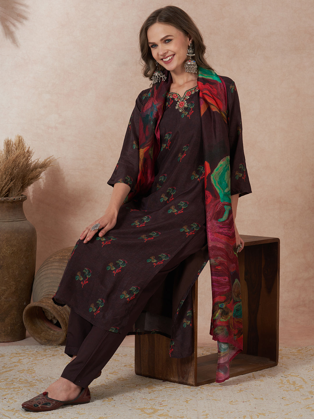 Floral Printed Embroidered Straight Fit Kurta with Pant and Abstract Printed Dupatta - Dark Brown