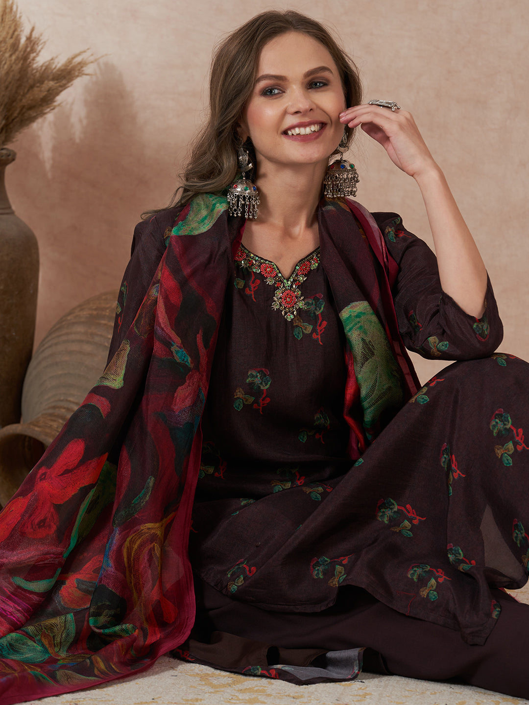 Floral Printed Embroidered Straight Fit Kurta with Pant and Abstract Printed Dupatta - Dark Brown