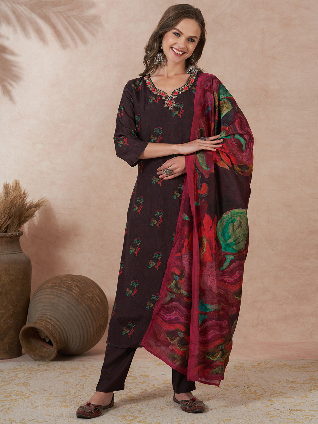 Floral Printed Embroidered Straight Fit Kurta with Pant and Abstract Printed Dupatta - Dark Brown